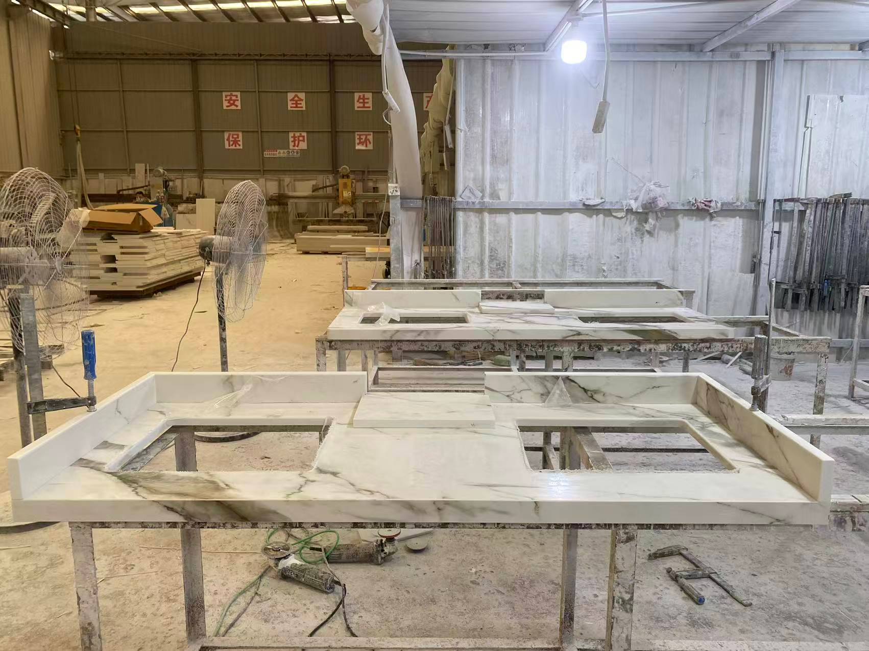 Custom countertop pieces being assembled in the Luxnovate workshop